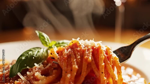 Steaming Spaghetti on Fork with Tomato Sauce and Parmesan Cheese