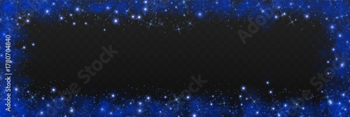 Realistic blue smoke or haze frame with glowing particles, sparkles, overlay effect on a transparent background. Magic fog, vapor with stars magic sparks. Abstract vector illustration