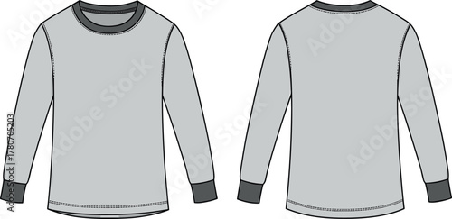 Long sleeve shirt fashion sketch, front and back view, technical garment illustration, gray clothing design, raglan sleeve apparel template