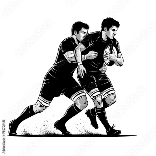 Dynamic rugby players in action, powerful monochrome design capturing athleticism and teamwork, perfect for sports branding and promotional materials, intense competition