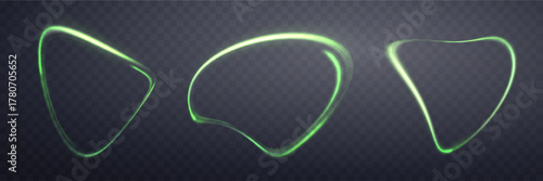 Glowing green magic rings. Neon realistic energy flare halo rings. Abstract light effect on a dark transparent background. Vector illustration.