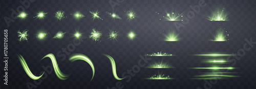 Green lens flares, lines, flashes set. Spotlight with rays or and bokeh. Glow flare light effect. Isolated on transparent background. Vector illustration.