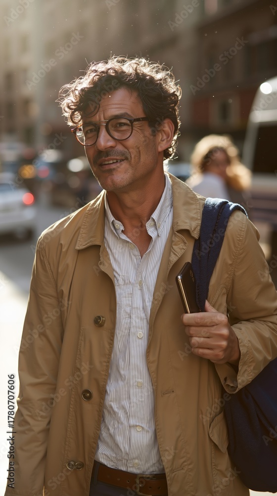 Obraz premium A man in a trench coat and glasses walking down the street