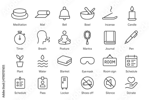 Icons of meditation and yoga tools: bell, bowl, candle, journal, plant, blanket.