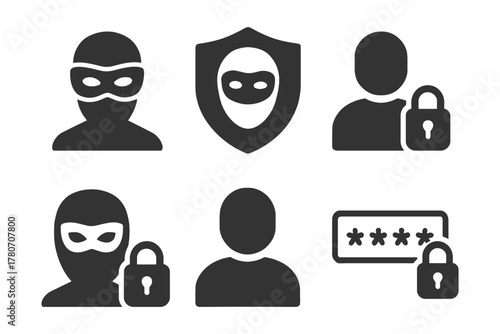 Cybersecurity icons: masked figure, lock, password protection.