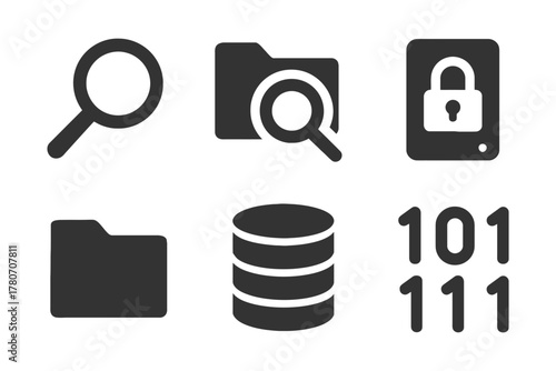 Data security icons: magnifying glass, folder, lock, database, binary code.