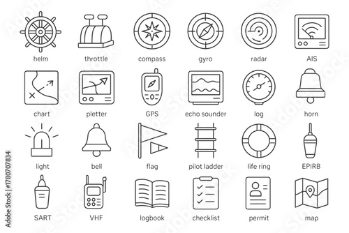 Nautical icons set featuring navigation and safety symbols.