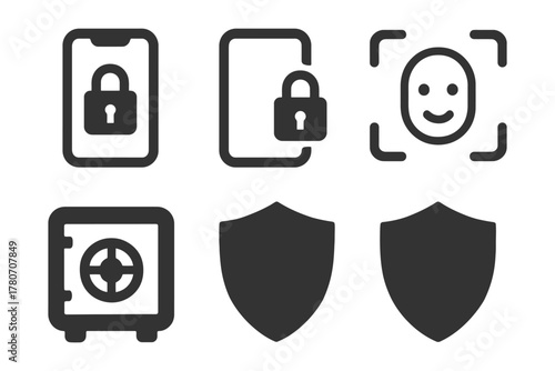 Security icons: lock, face recognition, safe, shield illustrations.