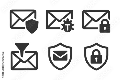 Email security icons: shield, virus, lock, spam filter symbols.
