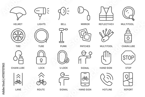 Bicycle safety and maintenance icons including helmet, lights, and tools.