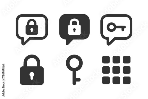 Set of security icons featuring lock, key, and keypad symbols in speech bubbles.