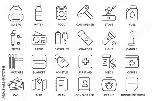 Emergency preparedness icons: essential items for survival kits.