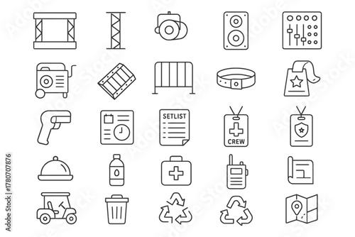 Event management icons: equipment, safety, logistics, and recycling.