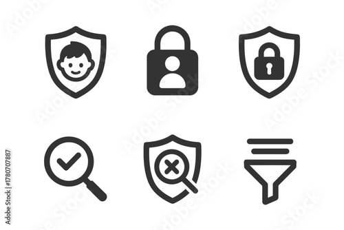Security and filtering icons set: lock, shield, search, filter.