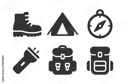 Outdoor adventure icons: boots, tent, compass, flashlight, backpack illustrations.