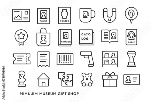 Museum gift shop icons: art, catalog, audio, and gift symbols.
