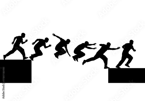 A man is jumping over a gap. The image is a silhouette, showing a sequence of movements