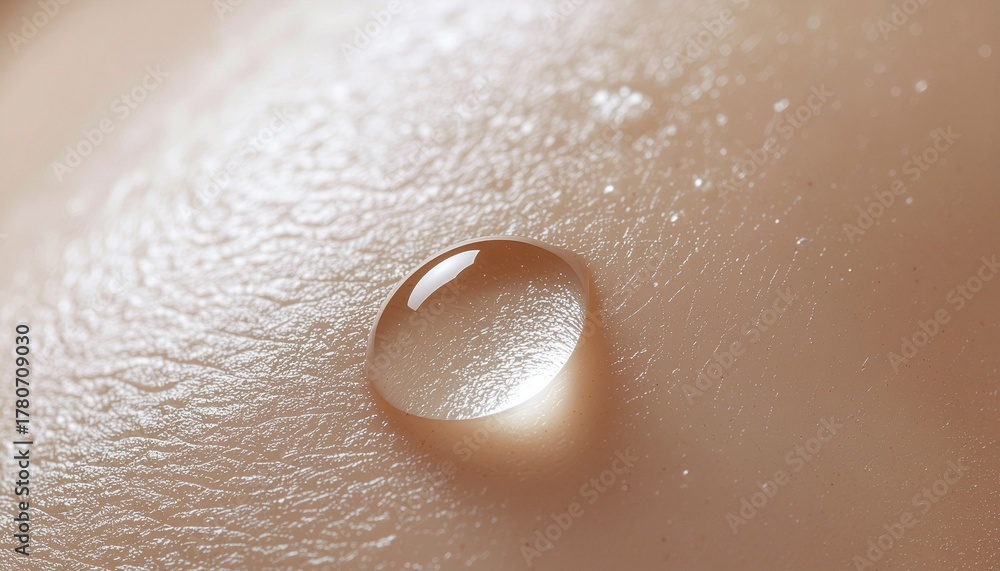 Fototapeta premium A glistening water droplet resting delicately on human skin, offering a close-up, macro view. The droplet showcases a clean, healthy, and hydrating concept