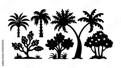 Tropical Silhouettes: An array of tropical trees, elegantly depicted as dark silhouettes. The stark contrast highlights their unique forms, evoking the allure of warm climates and natural beauty. 