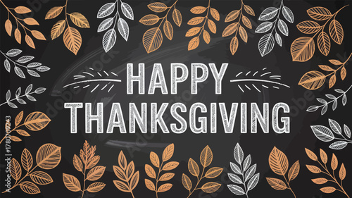 Happy thanksgiving chalk drawing with autumn leaves border on a blackboard background