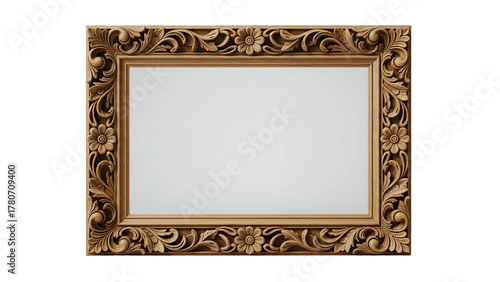 Ornate rectangular wooden picture frame displays carved floral scrollwork against a dark background