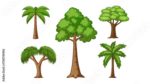 Variety of Trees: Various stylized trees showcase nature's beauty and diversity, from towering palms to lush deciduous species, inviting an appreciation for the outdoors.