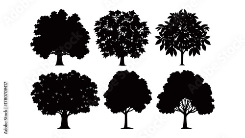 Tree Silhouette Set: Six distinct tree silhouettes, each with unique leaf structures and branch patterns, are presented in monochrome.
