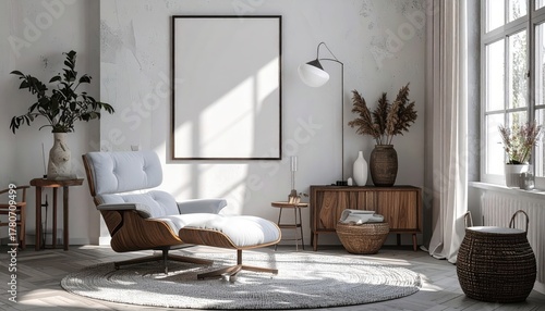 Blank vertical poster frame mockup in a sunlit modern living room interior with a comfortable lounge chair and natural decor.