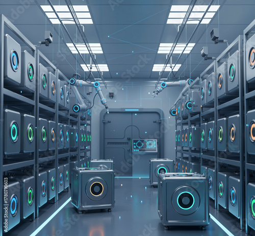 Futuristic high-tech scientific research facility with automated robotic arms interacting with glowing modular experimental units in a clean controlled environment.