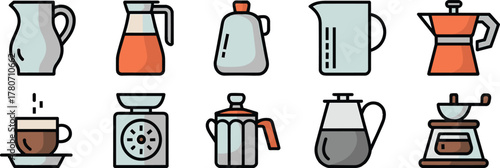 Collection of kitchenware icons including pitchers, scales, and coffee makers carafe moka pot