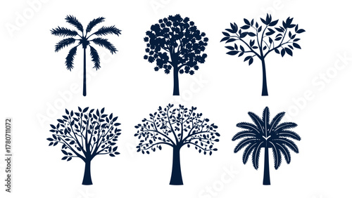 Diverse tree species in silhouette: A collection of diverse tree species in silhouette, illustrating a variety of leaf forms, textures, and growth habits against backdrop.