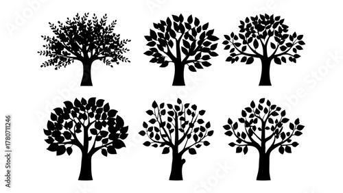 Array of Silhouettes: A collection of various tree silhouettes, showcasing diverse foliage and branch structures, offering a range of styles.
