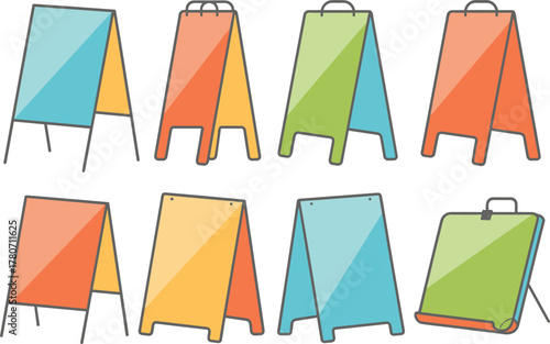 Colorful A-frame sandwich board signs in various hues and orientations A-frame sign sidewalk sign