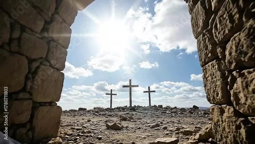 Walk out of the empty tomb, revealing the burial shroud and the three crosses of Calvary under a bright sun.