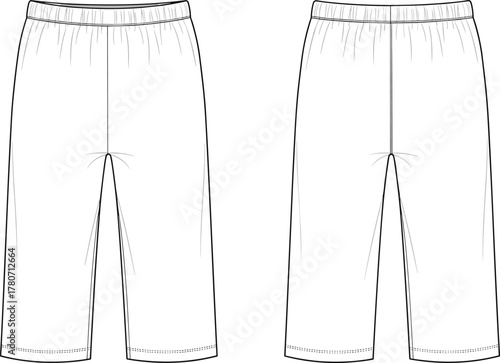 Elastic waist casual pants front and back view, vector clothing template, blank garment design, fashion flat sketch, unisex trousers illustration mockup