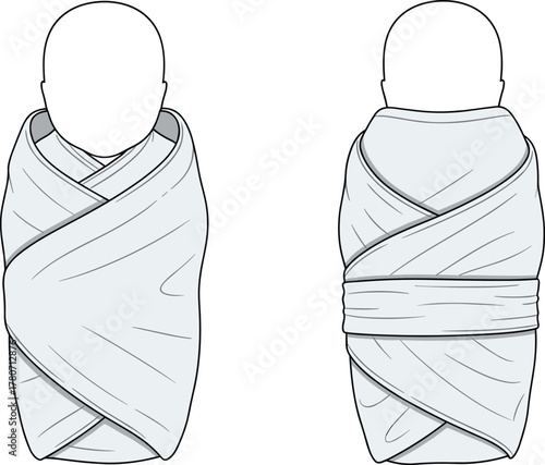 Baby swaddle wrap front and back view illustration, newborn sleep blanket vector, infant comfort clothing, adjustable wrap design, nursery product mockup