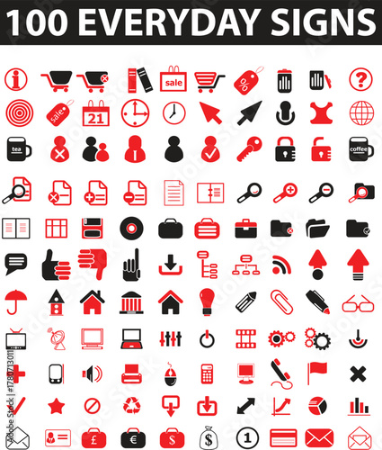 Vector set of red icons for web design and business featuring symbols like heart, arrow, phone, and home