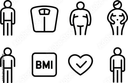 Icons representing human body weight and health metrics like BMI and heart human figure person