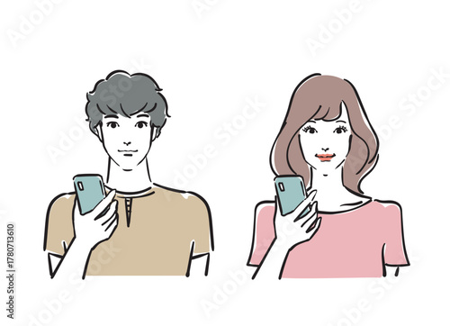 スマホを持つ爽やかな30代男女