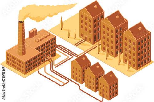 Isometric factory and residential buildings with pipes Keywords: factory, industrial, building