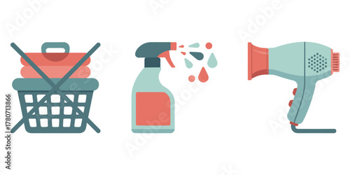 Laundry basket spray bottle and hairdryer flat icons Keywords: laundry, basket, clothes, folded
