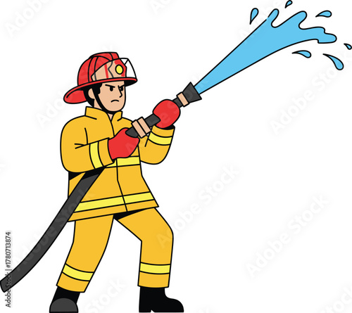 Vector illustration of a firefighter in uniform spraying water from a hose. Represents heroism, safety, and emergency response.
