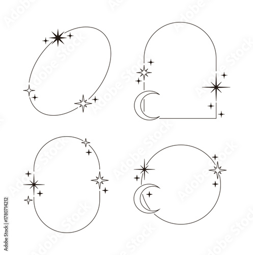 A set of geometric frame illustrations decorated with stars and crescent moons in a minimalist style. Perfect for bohemian aesthetics, logo design, taglines, and mystical social media graphics.