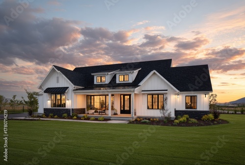 Modern farmhouse residence against a colorful sunset sky and lush green lawn