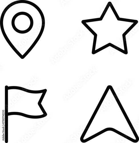 Navigation and location icons in black outline on white background marker
