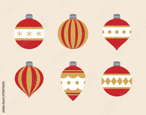 A vector collection of red and gold Christmas decorations with various patterns. These holiday ornaments are perfect for winter backgrounds, seasonal sale banners, and greeting card designs.