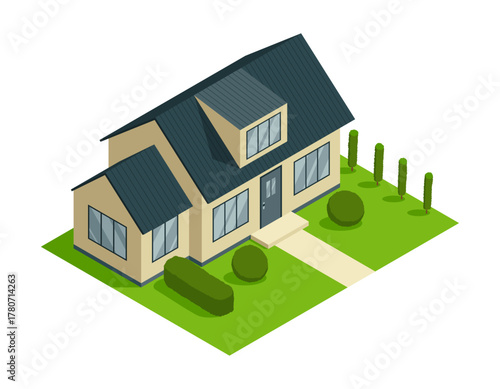 Isometric cottage icon. Suburb house composition with lawn vector illustration. Infographic element representing suburban building. Private house enterprises of real estate
