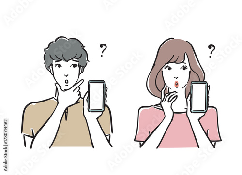 スマホを持って考える爽やかな30代男女