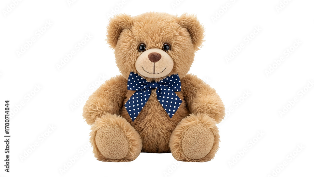 Obraz premium Fluffy brown stuffed animal with a blue and white polka dot bow tie sits against a dark background