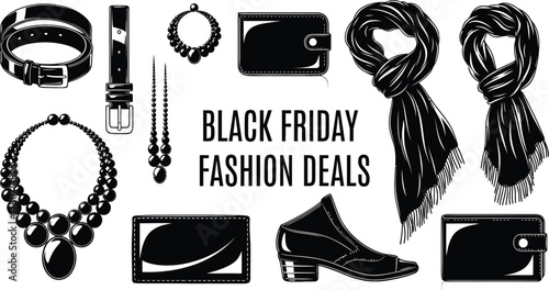 Shop stylish Black Friday fashion deals on wallets, jewelry, shoes, belts and scarves now isolated vector graphic on white background